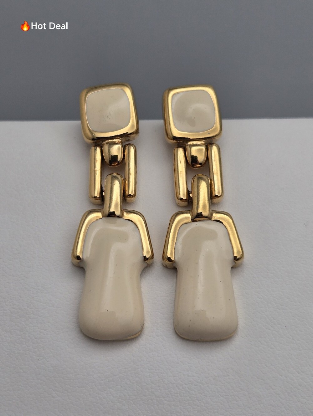 Monet Cream Enamel Gold Tone Door Knocker Earrings 1980s 1.75" Vintage